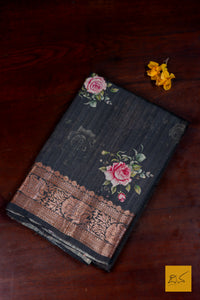 Dhareshi- Grey Banarasi Printed Tusser Silk Handwoven Saree