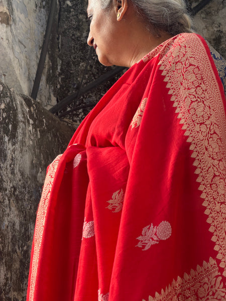 Sriprada - Red Banarasi Munga Silk Handwoven Saree