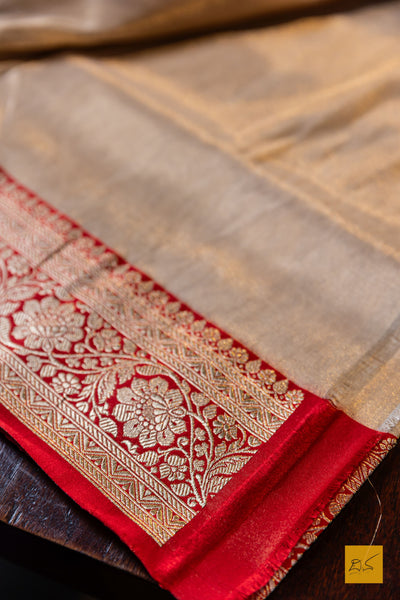 Avyuktha- Off White-Red Banarasi Tissue Katan Silk Handwoven Saree