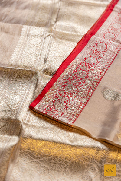Avyuktha- Off White-Red Banarasi Tissue Katan Silk Handwoven Saree