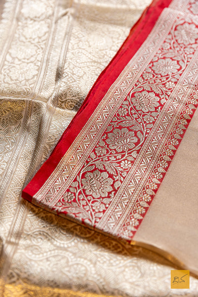 Avyuktha- Off White-Red Banarasi Tissue Katan Silk Handwoven Saree