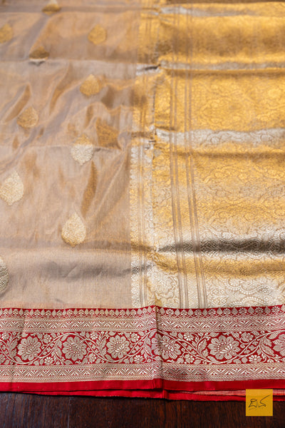 Avyuktha- Off White-Red Banarasi Tissue Katan Silk Handwoven Saree