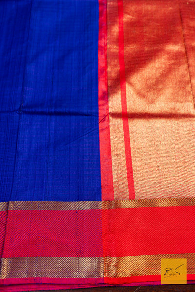 Saree with blue, red, and gold checkered pattern