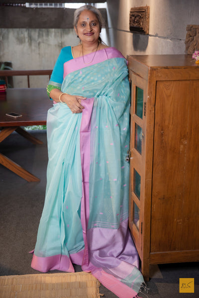 Vaani- Sky Blue Maheshwari Silk Cotton Handwoven Saree