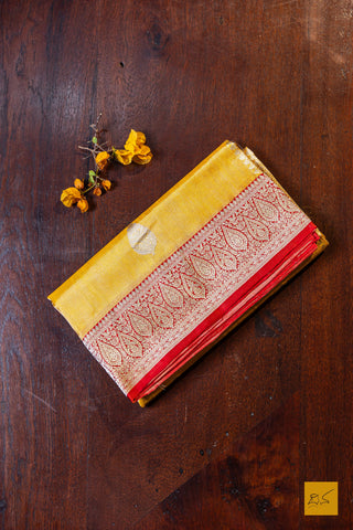 Vimala- Yellow-Red Banarasi Tissue Katan Silk Handwoven Saree
