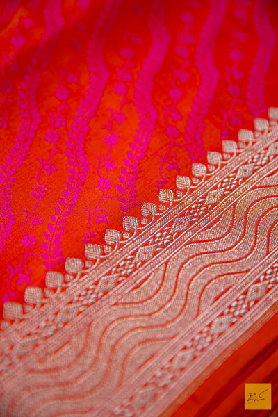 Orange-Pink Banarasi Satin Silk Handwoven Saree