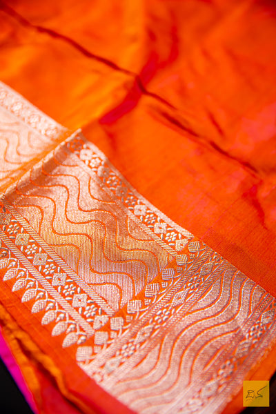 Orange-Pink Banarasi Satin Silk Handwoven Saree