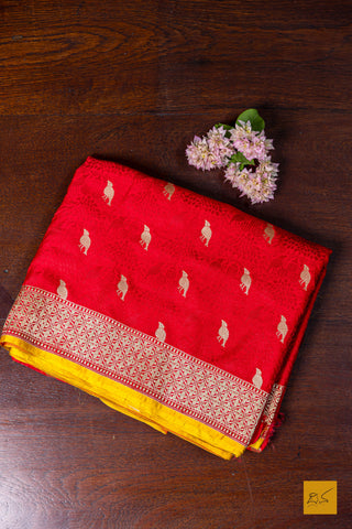 Bhagavati - Red-Yellow Banarasi Katan Silk Handwoven Saree