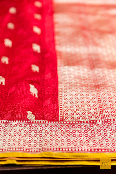 Bhagavati - Red-Yellow Banarasi Katan Silk Handwoven Saree