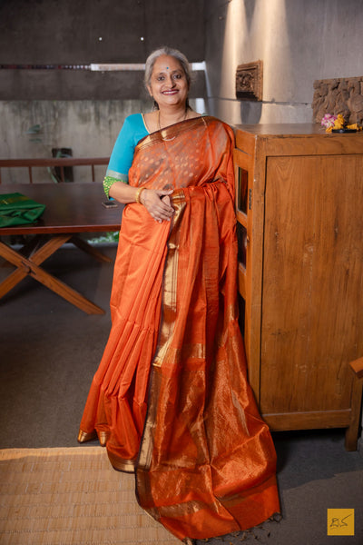 Vaishnavi- Orange-Brown Tissue Maheshwari Silk Cotton Handwoven Saree