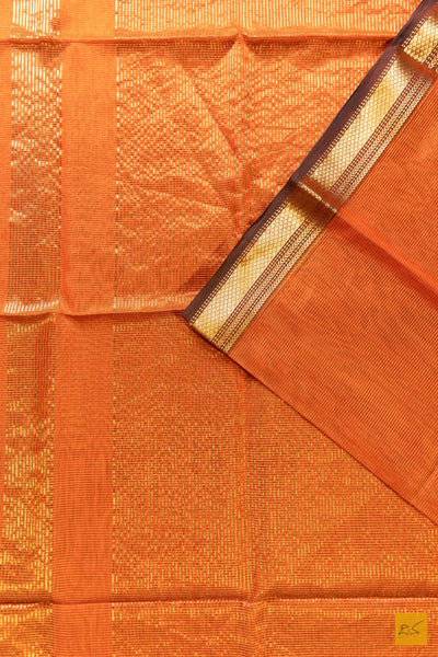 Vaishnavi- Orange-Brown Tissue Maheshwari Silk Cotton Handwoven Saree