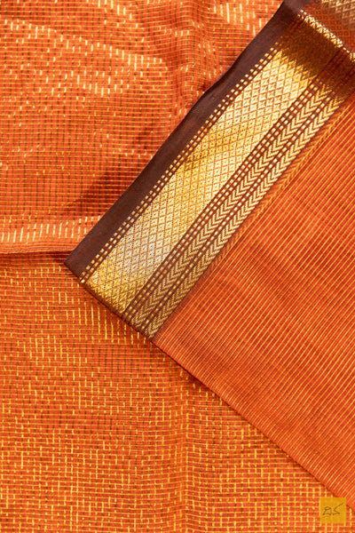 Vaishnavi- Orange-Brown Tissue Maheshwari Silk Cotton Handwoven Saree