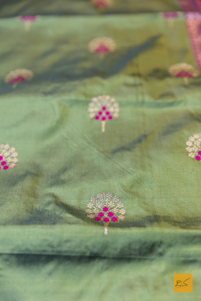 Vidhathri- Green Banarasi Katan Silk Handwoven Saree