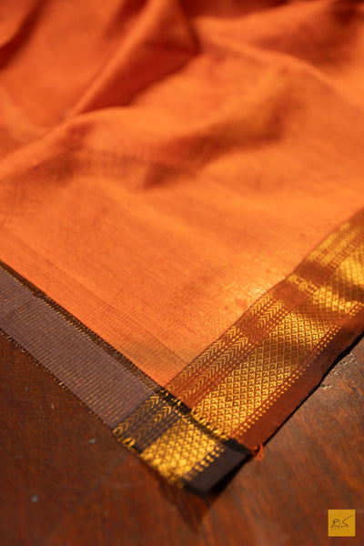 Vaishnavi- Orange-Brown Tissue Maheshwari Silk Cotton Handwoven Saree