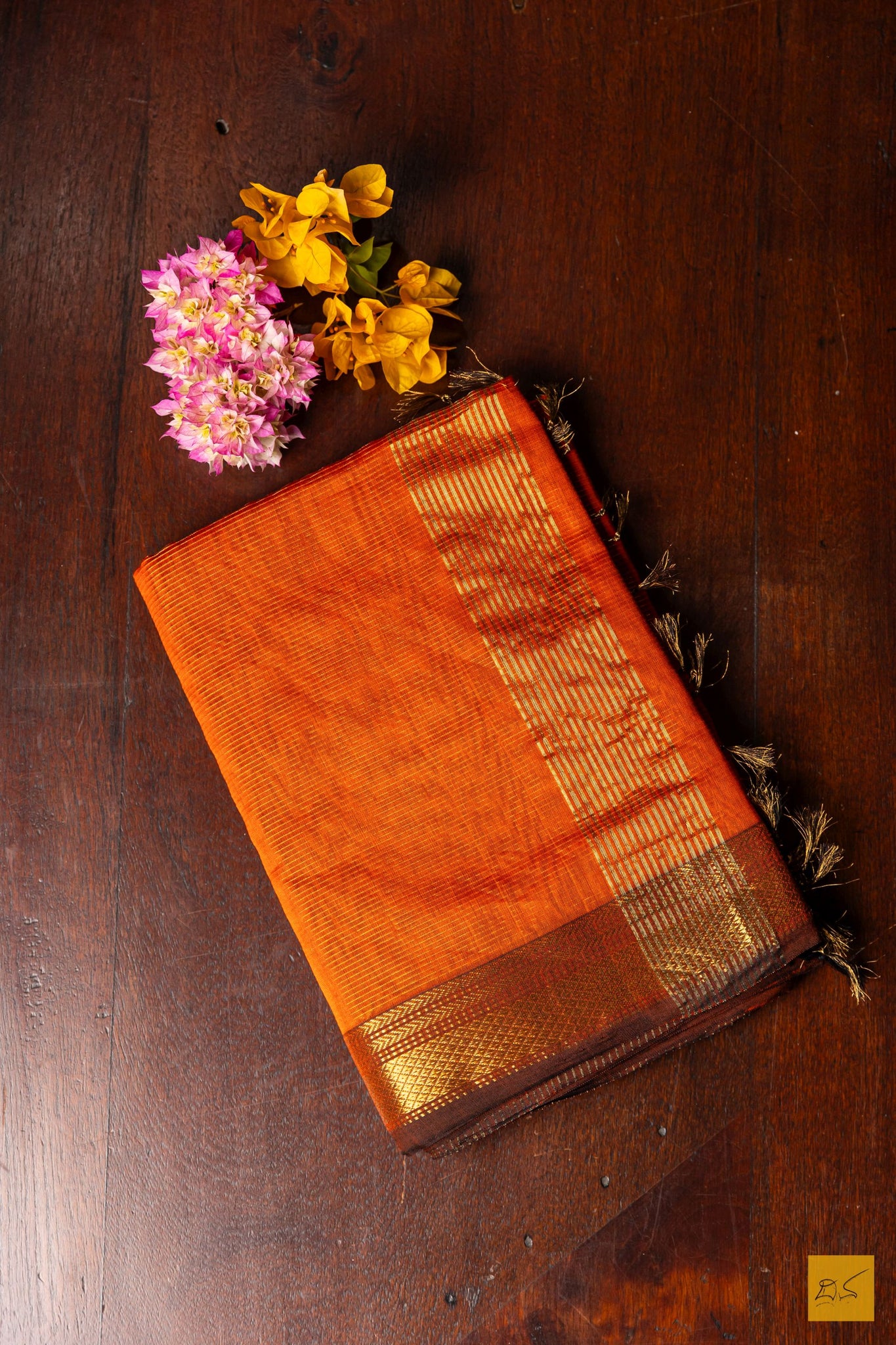 Vaishnavi- Orange-Brown Tissue Maheshwari Silk Cotton Handwoven Saree