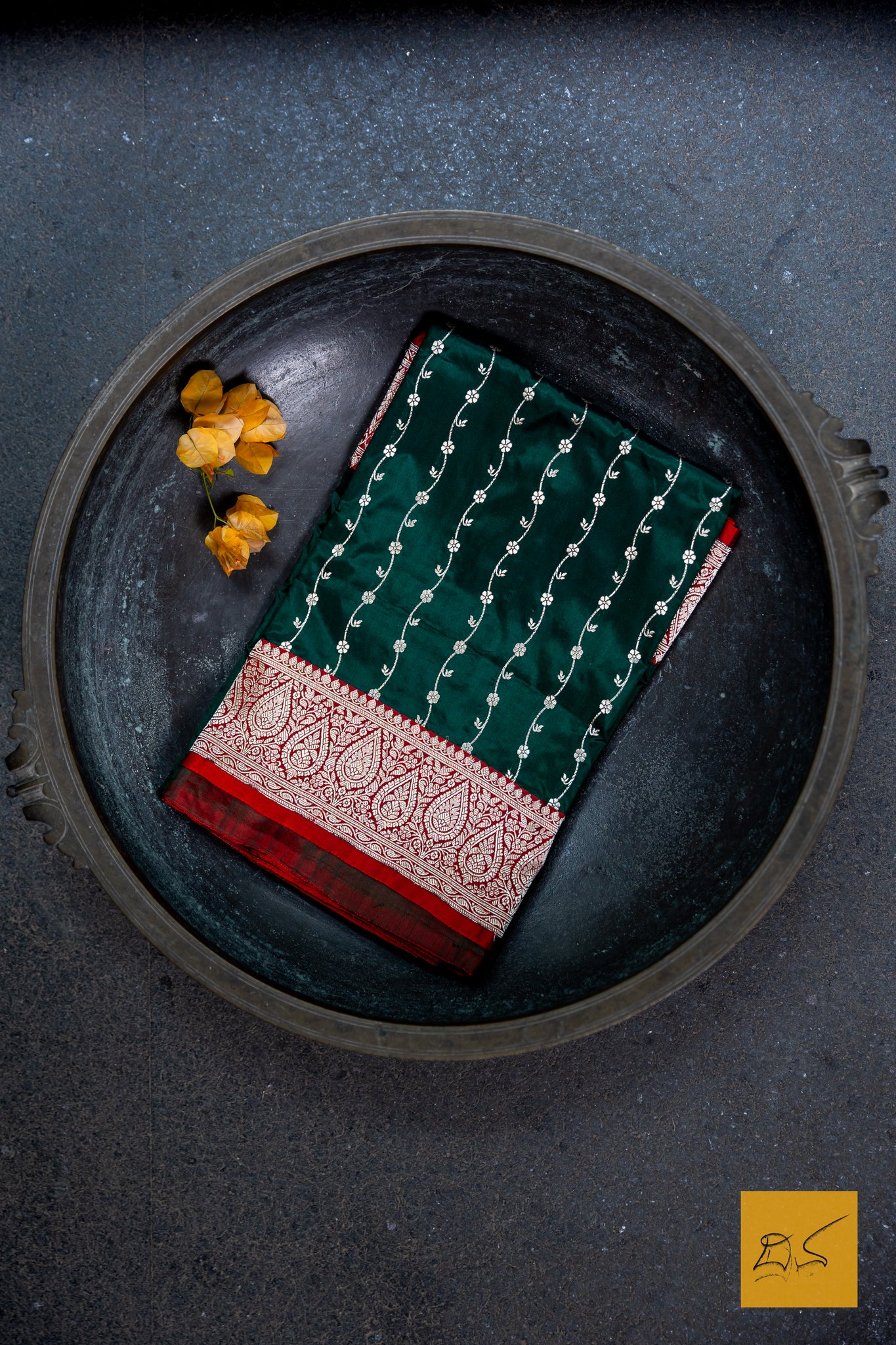 Bottle Green & Red Banarasi Katan Silk Handwoven Saree