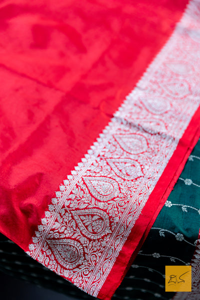 Bottle Green & Red Banarasi Katan Silk Handwoven Saree