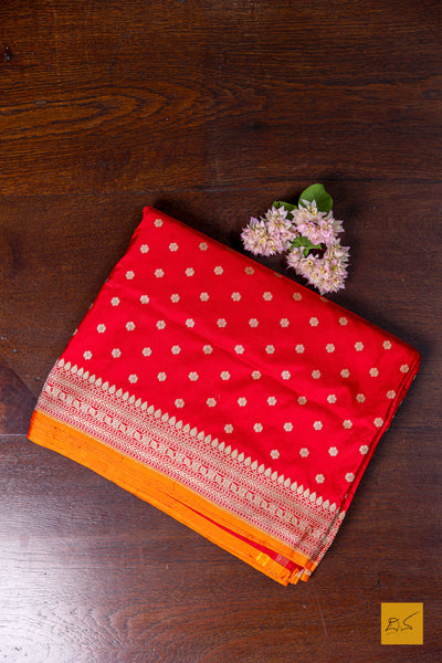 Gamya- Red-Orange Banarasi Katan Silk Handwoven Saree