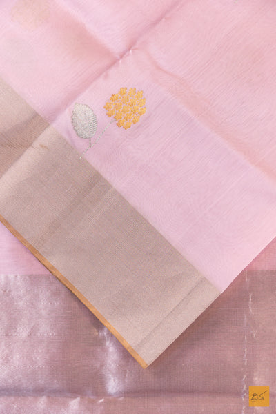 Pastle Pink Chanderi Pure Silk Handwoven Saree