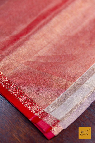 Vasudha- Pink Red Maheshwari Tissue Handwoven Saree