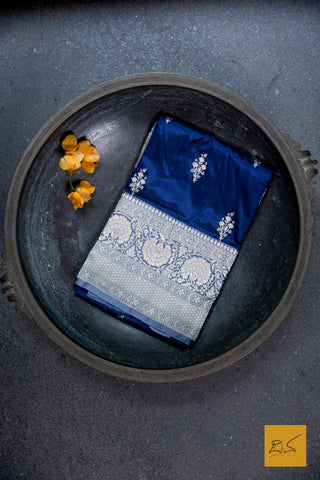 Blue & Grey Banarasi Katan Silk Handwoven Saree