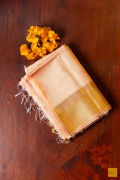 Gayathri- Peach Maheshwari Silk Cotton Handwoven Saree