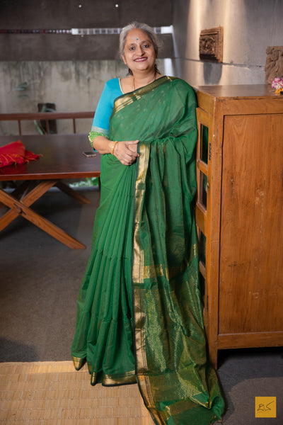 Jayanthi- Green Tissue Maheshwari Silk Cotton Handwoven Saree