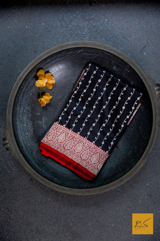 Black & Red Banarasi Katan Silk Handwoven Saree