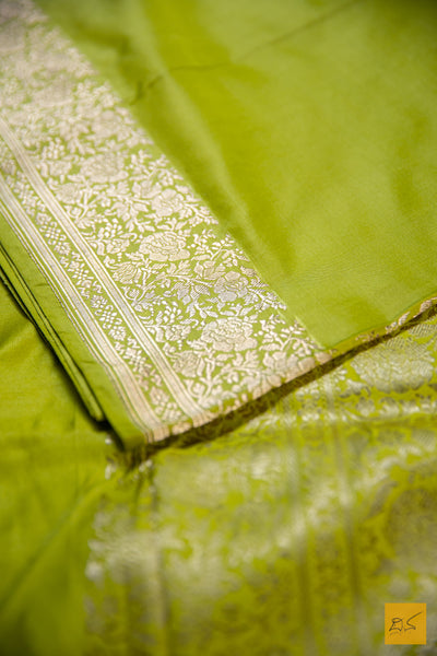 Lime Green Banarasi Satin Silk Handwoven Saree