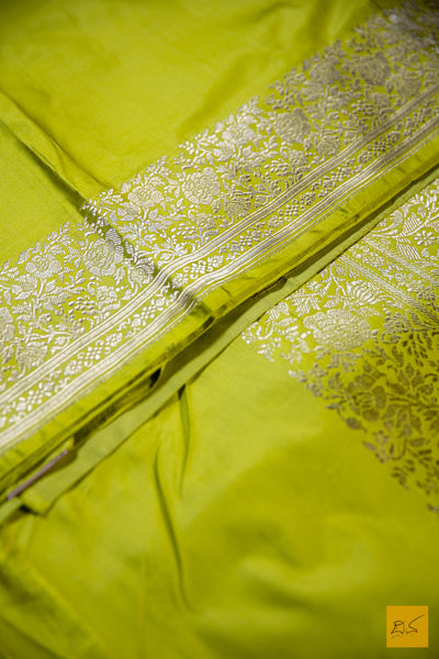 Lime Green Banarasi Satin Silk Handwoven Saree