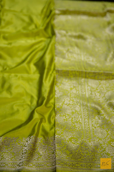 Lime Green Banarasi Satin Silk Handwoven Saree