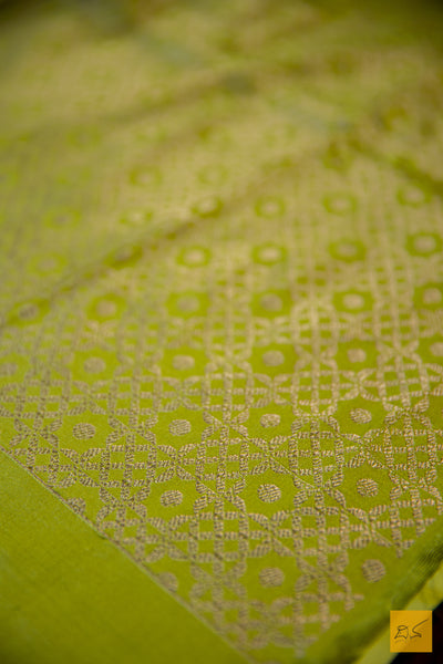 Lime Green Banarasi Satin Silk Handwoven Saree