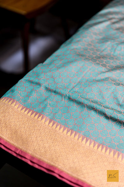 Mahalasa- Peach & Blue Banarasi Katan Silk Handwoven Saree