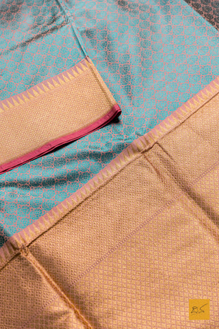 Mahalasa- Peach & Blue Banarasi Katan Silk Handwoven Saree