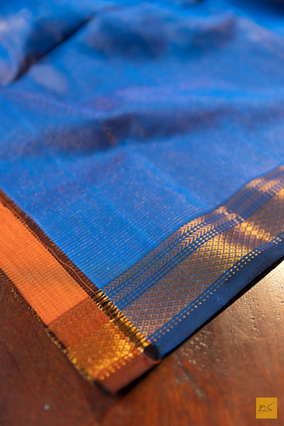 Dharini- Blue Tissue Maheshwari Silk Cotton Handwoven Saree