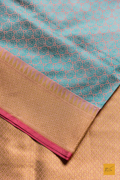 Mahalasa- Peach & Blue Banarasi Katan Silk Handwoven Saree