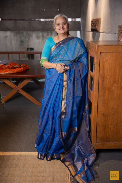 Dharini- Blue Tissue Maheshwari Silk Cotton Handwoven Saree
