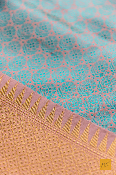 Mahalasa- Peach & Blue Banarasi Katan Silk Handwoven Saree