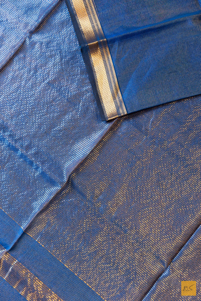 Dharini- Blue Tissue Maheshwari Silk Cotton Handwoven Saree
