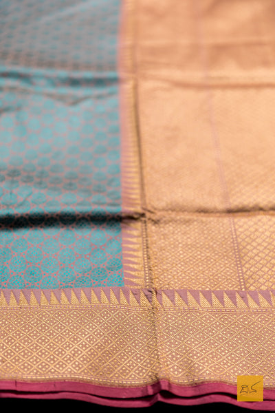 Mahalasa- Peach & Blue Banarasi Katan Silk Handwoven Saree
