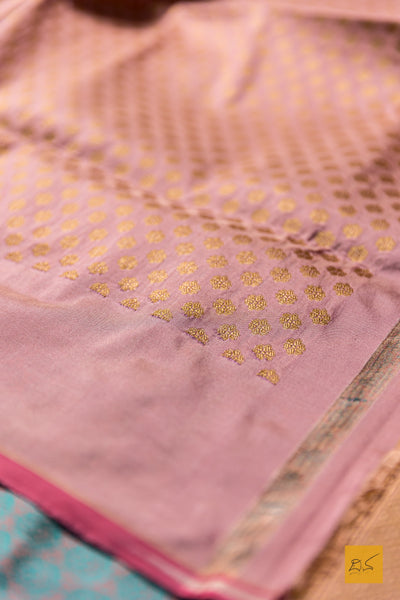 Mahalasa- Peach & Blue Banarasi Katan Silk Handwoven Saree