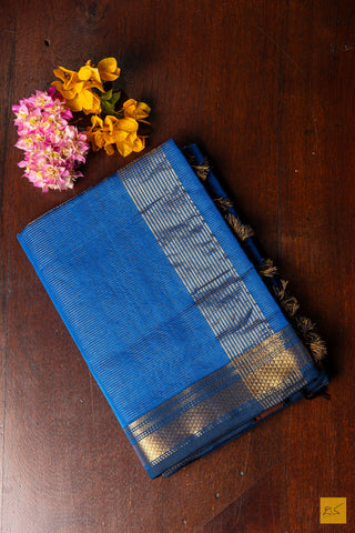 Dharini- Blue Tissue Maheshwari Silk Cotton Handwoven Saree
