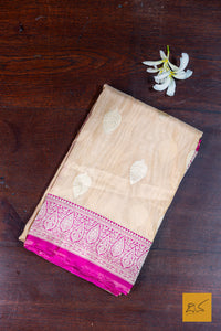 Aravinda- Off White-Pink Banarasi Tissue Katan Silk Handwoven Saree