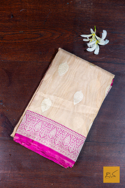 Aravinda- Off White-Pink Banarasi Tissue Katan Silk Handwoven Saree