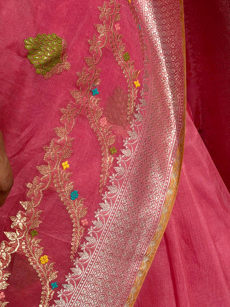 Nishpanka - Pink Banarasi Kora Silk Organza Handwoven saree