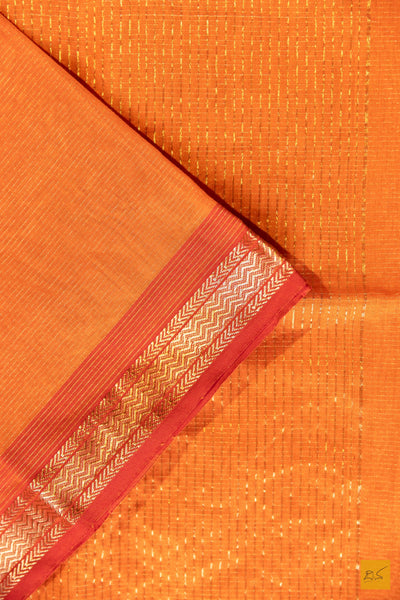 Deeksha- Orange Tissue Maheshwari Silk Cotton Handwoven Saree