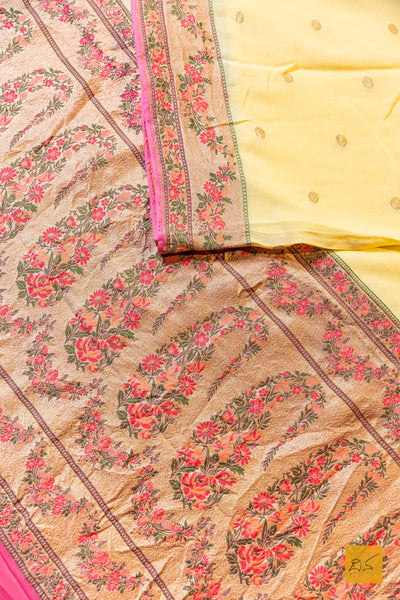 Thrayambhake- Pastle Yellow-Pink Banarasi Georgette Handwoven Saree