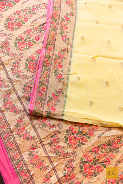 Thrayambhake- Pastle Yellow-Pink Banarasi Georgette Handwoven Saree
