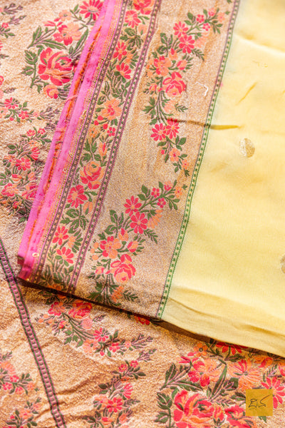 Thrayambhake- Pastle Yellow-Pink Banarasi Georgette Handwoven Saree