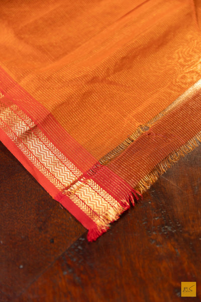 Deeksha- Orange Tissue Maheshwari Silk Cotton Handwoven Saree
